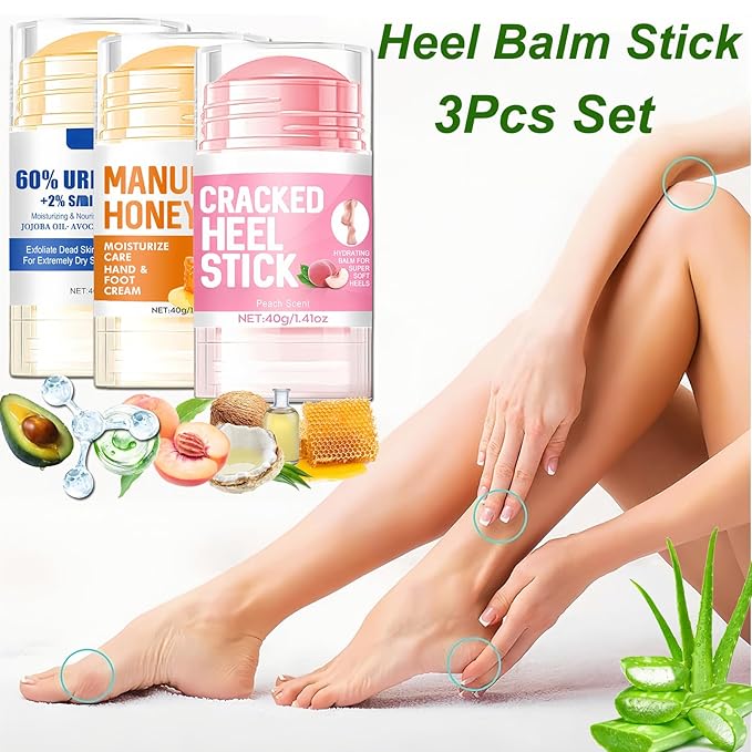 Urea Heel Balm Stick for Feet and Hands,3Pcs Moisturizing Heel Balm for Dry Cracked Feet, Hydrating Stick for Foot & Hands, For Women & Men, Travel Size(Peach, Urea and Honey)