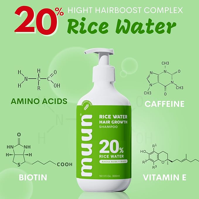 Muun Rice Water Shampoo and Conditioner Set for Hair Growth, Regrowth, Thinning Hair and Anti Hair Loss, Fall with Natural Ingredients including Biotin, Keratin and Caffeine, Men and Women.