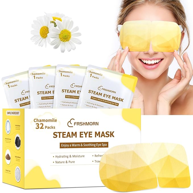 FRSHMORN 32 Packs Steam Eye Mask, Heated Eye Mask for Sleeping, Warm Compress for Eyes, Self Heating Disposal Steam Mask for Home Sleep, Office, Spa, Travel Essentials Stocking Stuffers (Chamomile)