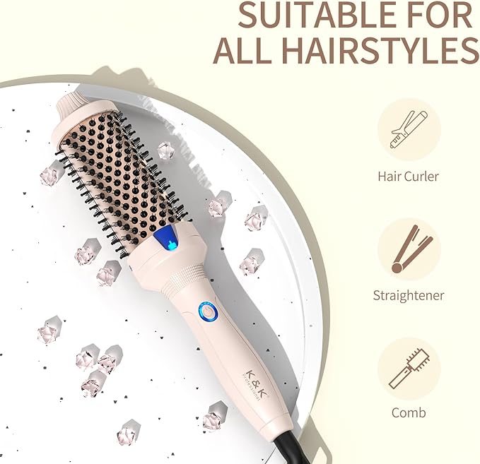 K&K 1.77 inch Volumizing Brush Heated Curling Ceramic Tourmaline Ionic Curling Iron Quick Heating Makes Hair Silky Smooth Dual Voltage Travel-Friendly Straightening Round Design (Pale pink, 1.77 Inch)