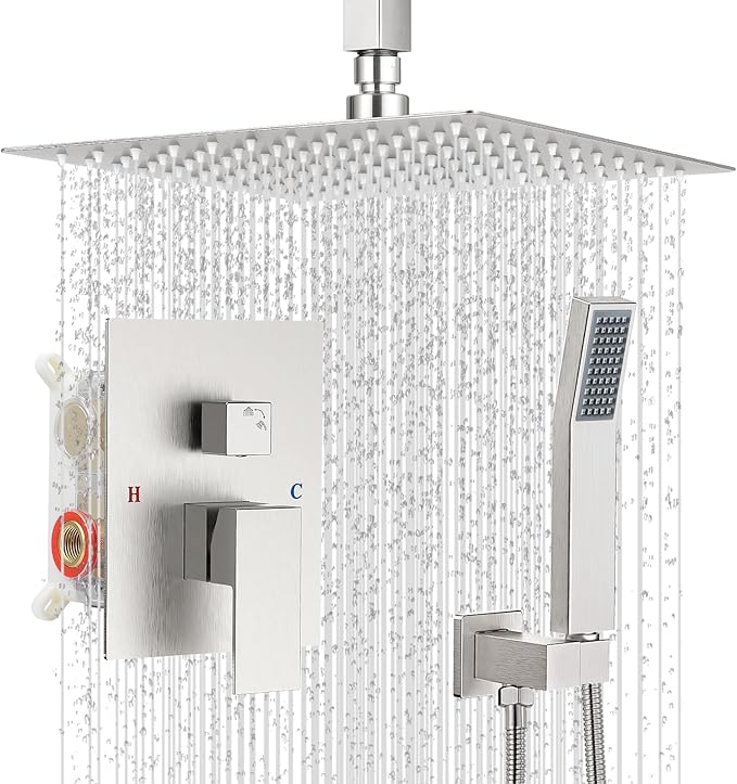 IUERASD Ceiling Mount Shower Faucet Set Square Showerhead Bathroom Rainfall Shower System Stainless Steel Shower Trim Kit 10 Inches (Brush Nickel)