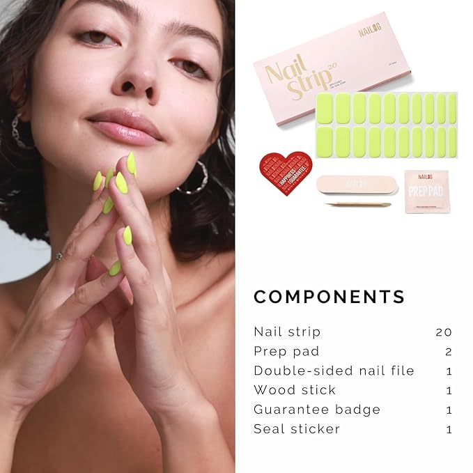 NAILOG Semi Cured Gel Nail Strips, 20Pcs Green Long Lasting Stickers, Salon Quality Easy Apply & Remove Works with Any UV/LED Nail Lamps for Summer, Lime Bomb