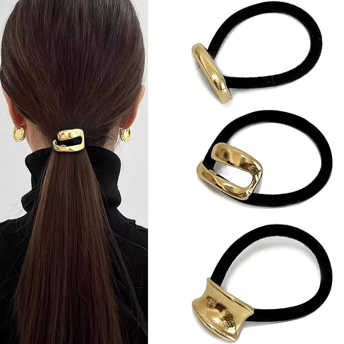 3PCS Golden Metal Hair Ties – No Damage Thick Band, High Elasticity, Durable, Stylish Golden Geometric Ponytail Holders Hair Accessories for Women