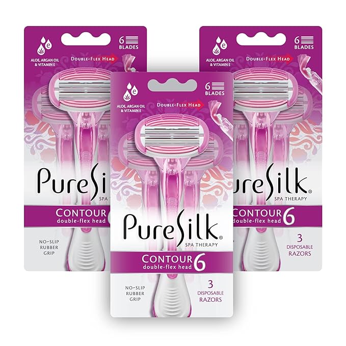 Pure Silk Contour 6 Premium Disposable Razor Value Pack Bundle (3 Packs/9 Total Razors)