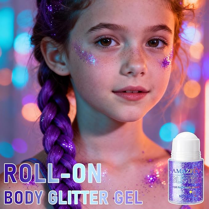 1PC Roll-on Holographic Body Glitter Gel for Body, Hair, Face, Chameleon Color Changing Glitter Gel Under Light, Chunky Mermaid Sequins Festival Party Rave Accessories Shimmer Makeup (Purple)