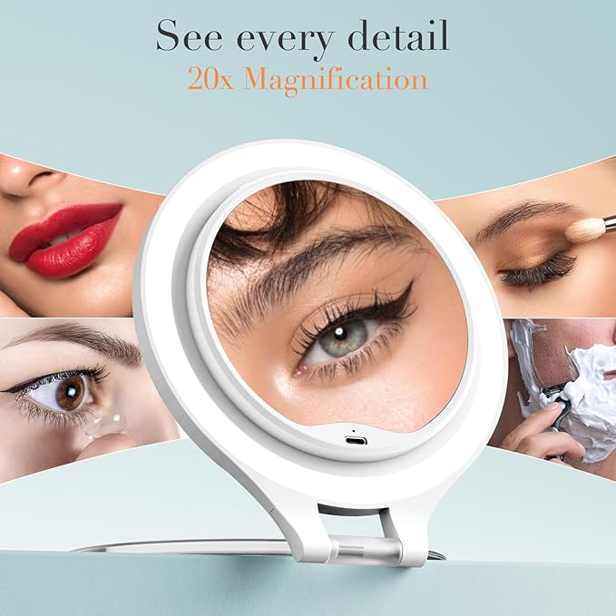 FASCINATE Magnifying Mirror with Light 20X/1X, Double Sided Travel Mirror with Light, Rechargeable Makeup Mirror with 3 Color Setting Adjustable Stand Lighted Vanity Portable Desk Cosmetic