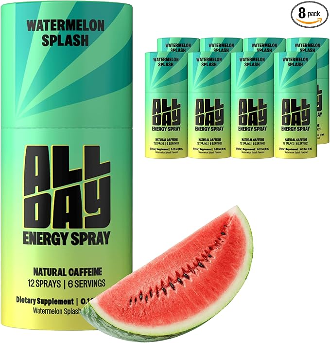 ALLDAY Caffeine Spray, Promotes Focus and Energy (Watermelon Splash, 8 Bottles, 96 Sprays) | 32mg Natural Caffeine per Spray | Pocket-Size Energy Shot with L-Theanine, Vitamin B12, & Vitamin D