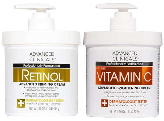 Advanced Clinicals Retinol Body Lotion + Brightening Vitamin C Lotion 2pc Skincare Set For Women & Men | Body Cream & Face Moisturizer Set Helps Improve The Look Of Dark Spots & Uneven Skin Tone, 2PC