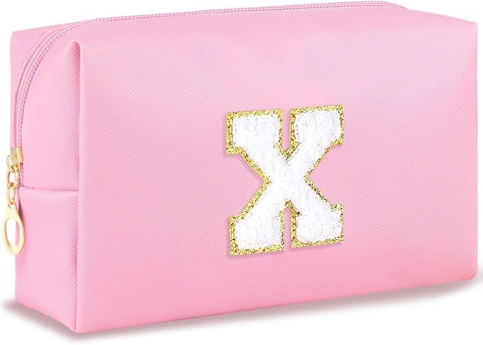 URSKYTOUS Initial Makeup Bag Personalized Preppy Travel Small Cosmetic Bag Cute PU Pink Chenille Letter Makeup Pouch for Purse Waterproof Zippered Toiletry Organizer for Women Girls Kids Friends (X)