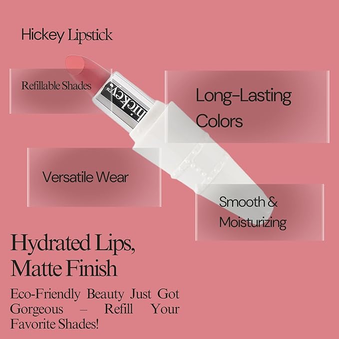 Hickey Lipstick Set - Skinny Dip (Light Pink), Refillable Silver Case with Chain, Satin Pouch & Ribbon (Wearable Necklace), Long Lasting Hydrating Velvet Finish Lipstick for Women, Vegan & Gluten-Free