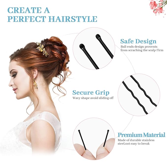 300Pcs U-Shaped Hair Pins Set for Women, Kids & Girls: 2.8IN, 2.4IN, 2IN Bobby Bun Pins with Storage Box, 2 Thick Seamless Hair Ties & 50 Elastic Hair Bands for All Hair Types, Black