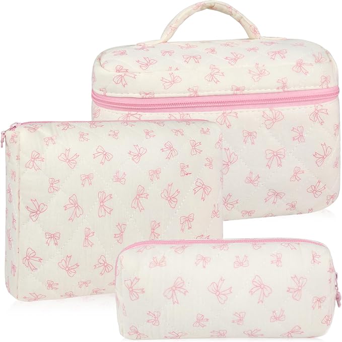URSKYTOUS 3Pcs Makeup Bag Quilted Cotton Cosmetic Bags for Women Large Small Pink Bow Makeup Pouch Set Cute Coquette Floral Travel Bags Portable Skincare Toiletry Bag Vintage Puffy Essential Organizer