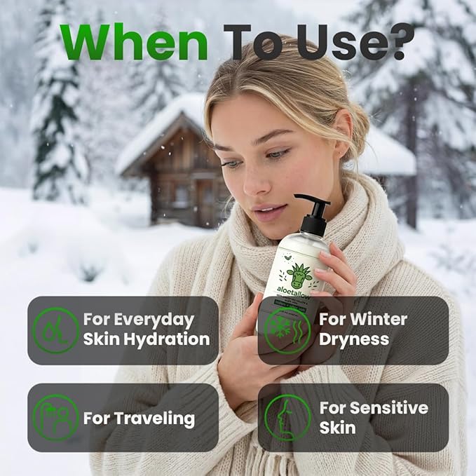 AloeTallow Daily Body Lotion for Dry & Sensitive Skin – Grass Fed Tallow & Aloe Vera Moisturizer for Face & Body – Non-Toxic, Deep Hydration, After Sun Care