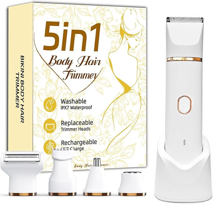 Bikini Trimmer for Women, 5-in-1 Electric Razors Shaver, IPX7 Waterproof Cordless Body Hair Trimmer, Rechargeable Facial & Pubic Hair Remover, Ceramic Blade Bikini Shaver, Gifts for Women (White)