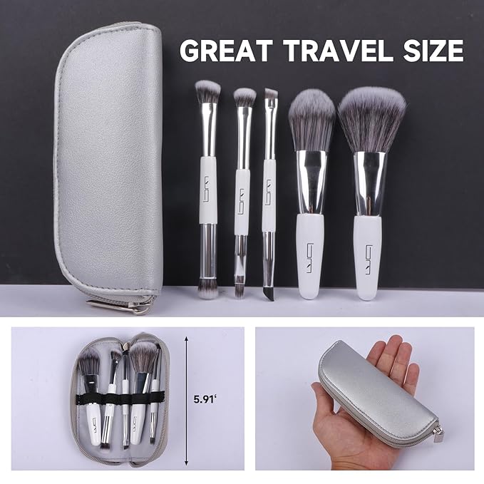Brush Master Travel Makeup Brushes Set w/Pouch, 5PCS Double Ended Portable Mini Cosmetic Brushes Kit for Foundation, Eyeshadow, Lip, Blush Make Up Brushes Professional(White)