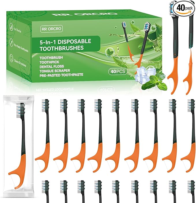 40Pack Disposable Toothbrushes with Toothpaste + Pick + Floss + Tongue Scraper 5-in-3 Mini Prepasted Travel Toothbrush for Hotel Camping Flight Car Single Use Portable Individually Wrapped | Mint