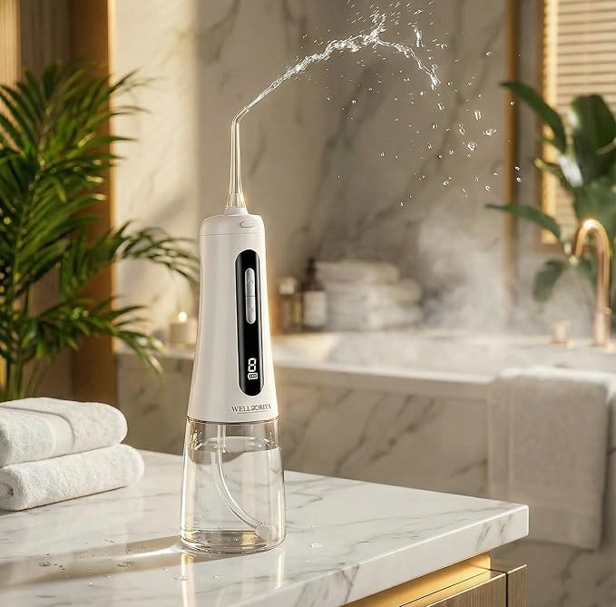 Wellooriya Cordless Water Flosser for Teeth – 300mL Large Tank, 9 Pressure Levels, LED Display, USB-C Rechargeable, IPX7 Waterproof Dental Oral Irrigator for Home & Travel (White)