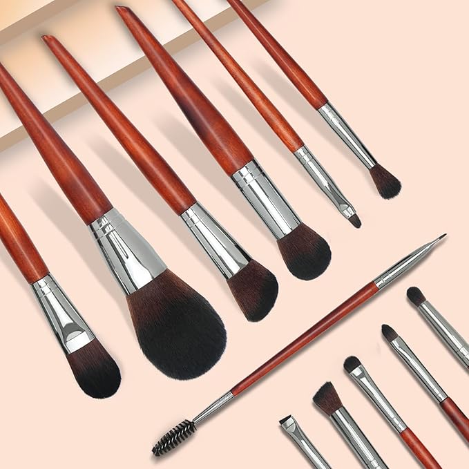 Intercilium Rains Makeup Brush Set 12pcs，Professional Premium Synthetic Powder Foundation Contour Blush Concealer Eyeshadow Blending Liner Make Up Brushes Kit（Redwood color B300）
