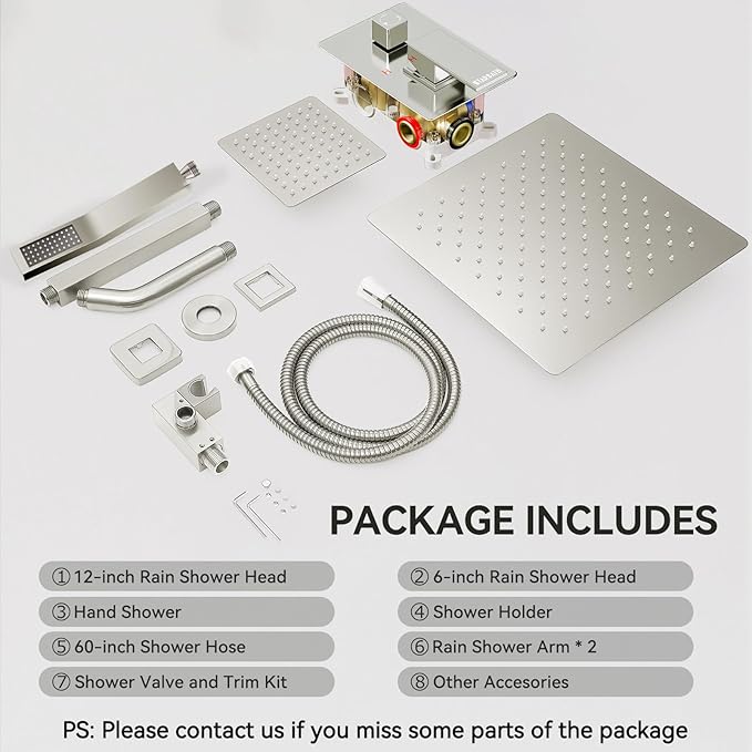 Rain Shower System Brushed Nickel, STARBATH 12+6" Double Rain Shower Head and Handheld Spray for Two Person, Ceiling Mount 3 Way Shower Faucet Set with 5 Diverter Valve and Trim Kit Complete