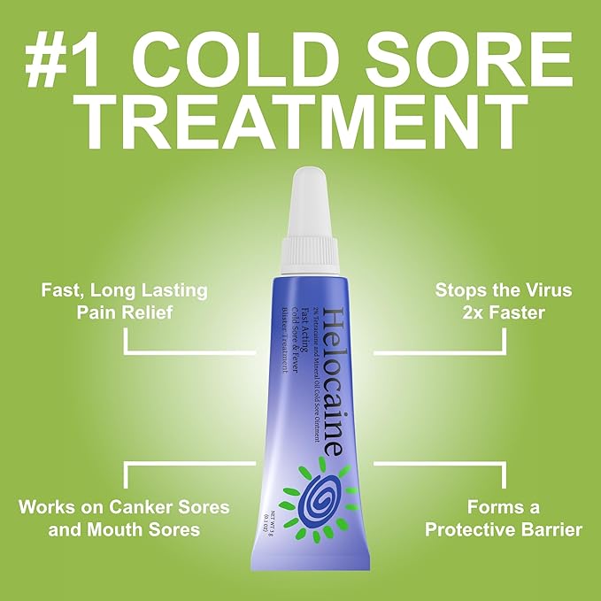 Helocaine Fast Acting Cold Sore Canker Sore Treatment for Lips & Inside Mouth, Oral and Topical Rapid Pain Relief Over-The-Counter, 3g, 0.1 oz Tube, 1 Pack