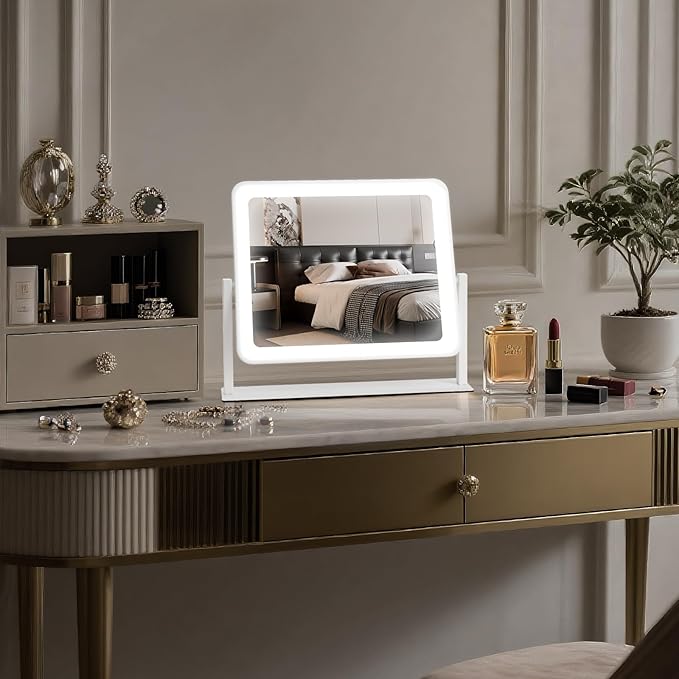 Vanity Mirror with Lights, 14"×12" LED Makeup Mirror, HD Professional Mirror, Smart Touch with 3-Color Lighting, Dimmable, 360° Rotation, Lighted Up for Makeup Desk, Bedroom (White)