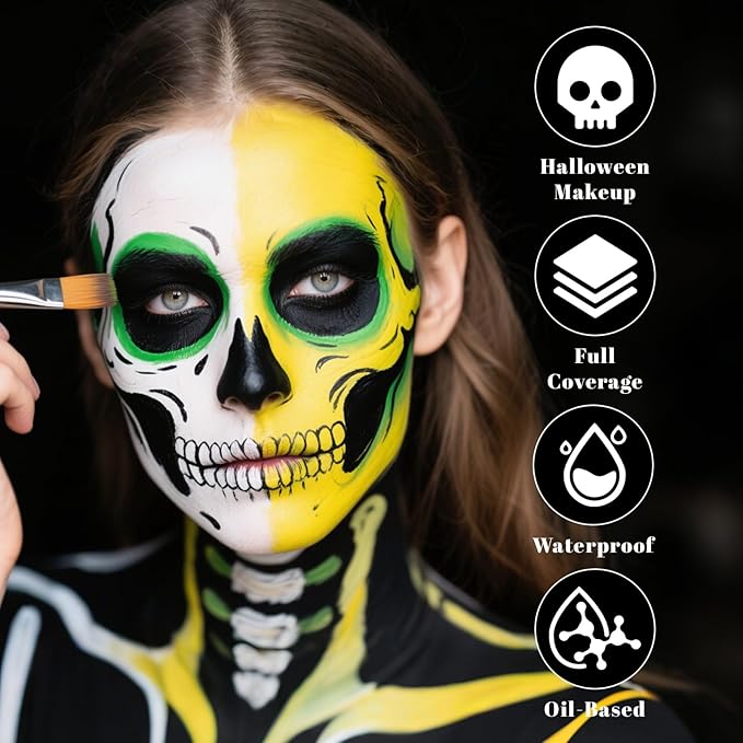 Black Yellow Bright Green Body Paint, Waterproof SFX Makeup for Adult Halloween Cosplay Witch Monster, Full Coverage Non-Toxic Face Painting for Stage Performances and Festival Designs