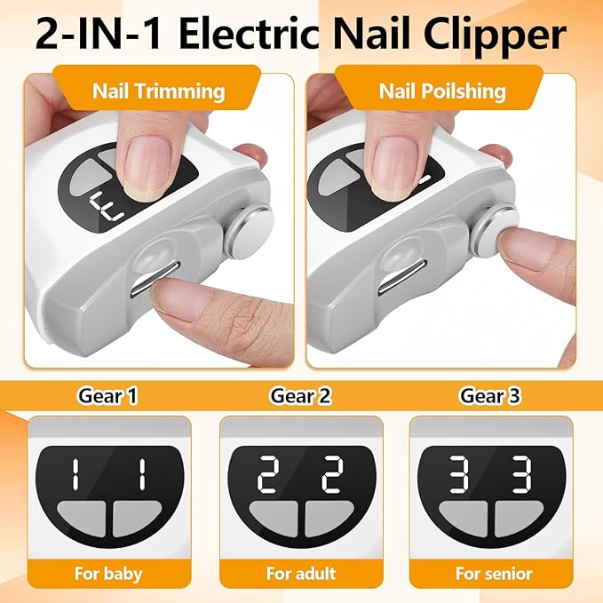 2 in 1 Improved Nail Clippers Set, Electric Nail Clipper, 2026 Improved Automatic Nail File Trimmer with Polishing for Kids, Adult, Seniors, Men, Caregivers (Gift Oblique Nail Clippers)-Grey