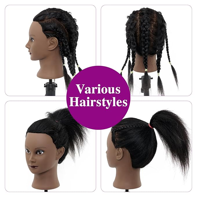 Mannequin Head 100% Real Hair,14”-16” Braiding Mannequin Head with Stand&Table Clamp,Real Hair Cosmetology Manikin Head with Mannequin Head Stand