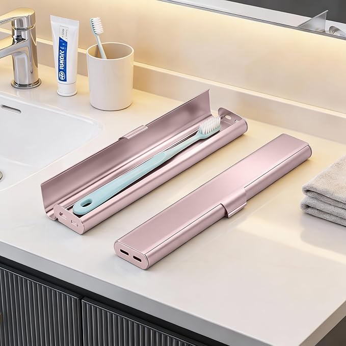 Portable Toothbrush Travel Case: Breathable & Dirt-Proof Hotel Camping Outdoor - Aluminum for Storage Recyclable Traveler (1, Rose Gold)