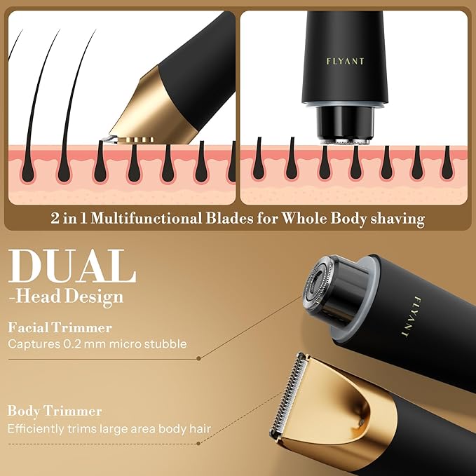 Bikini Trimmer for Women, Flyant 2 in 1 Electric Shaver for Women, Pubic Hair Trimmer Waterproof IPX7 with LED, Bikini Razor for Leg Arm Underarm Bikini Area, Christmas Gifts for Her - Black Gold