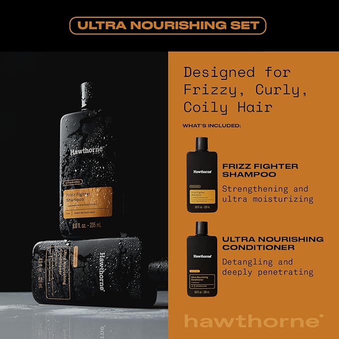 Hawthorne Men's Ultra Nourishing Shampoo and Conditioner Set. Unlock Moisturized, Non-Frizzy Hair with Shea Butter and Coconut Oil. Woody Citrus Scent. Sulfate Free, Paraben Free. 8 fl. oz each.