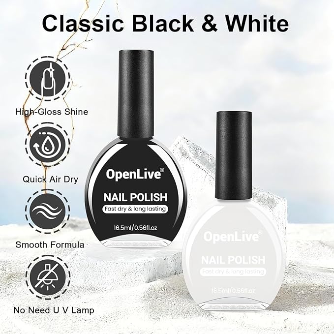 2Pcs Nail Polish Set 16.5ml Black and White Quick Dry Nail Polish Non Gel Nail Art DIY Home Manicure Gift for Women