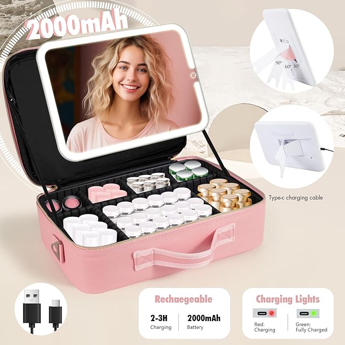 Suupvaor 15''X11'' Large Makeup Bag with Removable Lighted Mirror, Professional Travel Makeup Train Case PU Leather Cosmetic Make up Organizer with Adjustable Dividers & Brush Storage Board