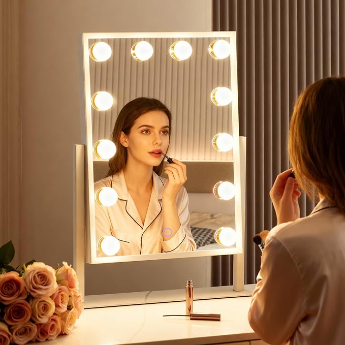 Hollywood Vanity Mirror with Lights, 14" x 19" Lighted Makeup Mirror with 3 Color Lights & Adjustable Brightness, 360° Swivel, Women's LED Mirror for Bedroom College Dorm for Desk