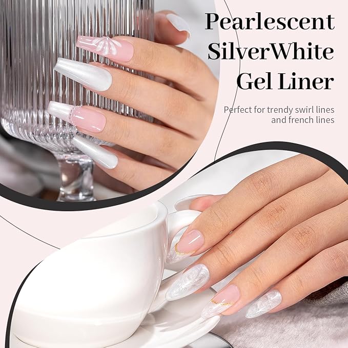 RARJSM Pearl White Gel Liner Nail Art Pearlescent Silver Shell Glitter Swirl Effect Gel Polish 8ml Build in Thin Brush Painted Drawing Striper Soak off Curing Requires for Home Salon