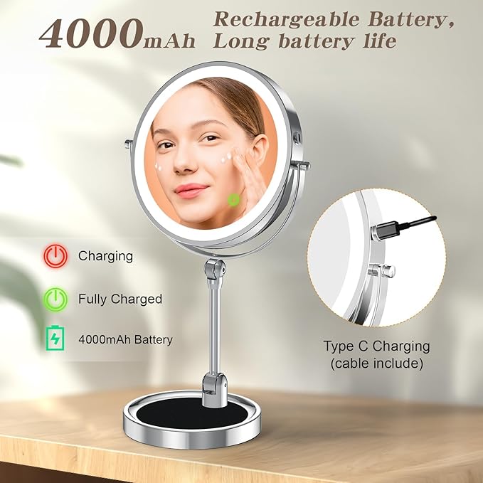 Rocollos 9" Large Lighted Makeup Mirror with 1X/10X Magnification, 4000mAh Rechargeable Vanity Mirror with Height Adjustable & 3 Color Dimmable Lights (9 Inch-Chrome)