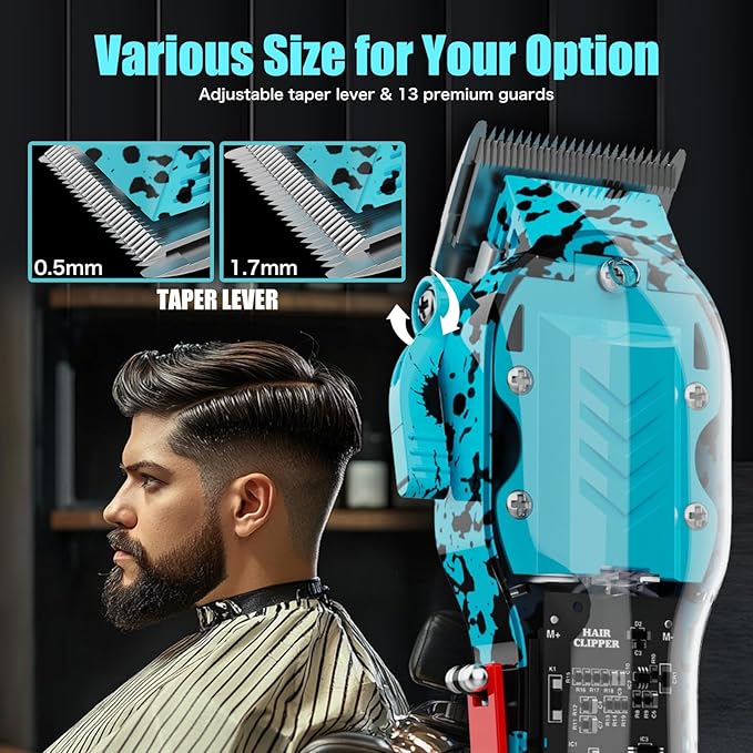 Professional Hair Clippers for Men, Cordless Barber kit for Hair Cutting & Grooming, Hair Clippers Set for Barber Haircut with LED Display 8 Fade Taper Combs(Blue)