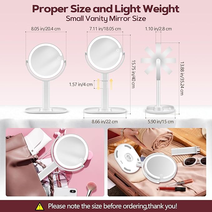 Makeup Mirror with Lights, 30X Magnifying & Height Adjustable, Lighted Magnifying Mirror with 3 Light Modes and Stepless Dimming, Vanity Mirrors for Bathroom, Birthday Gift for Women, White