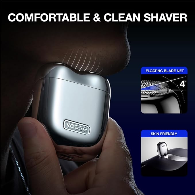 yoose Alloy Mini Shaver, Portable Electric Razor for Men, Waterproof, Dry Shave, Cordless 60 Mins Runtime, USB-C Rechargeable, Easy Cleaning Magnetic Detachable Head, Travel Shaver with Case, Silver