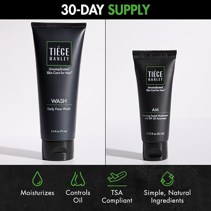 Tiege Hanley Basic Skin Care Set for Men, Hydrating Face Wash & Daily Face Moisturizer With SPF 20 Sunscreen, Basic Facial Kit for Men, Gentle on Sensitive Skin, Men’s Skincare, 2 Piece Kit