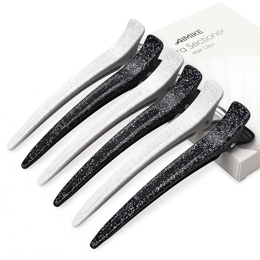 AIMIKE Extended Sectioning Hair Clips w/Built-in Silicone Band, 4.8" No-Crease Non-Slip Hair Styling Clips for Thick, Curly Hair –Blow Drying, Hair Rollers, Rust-Free – 6 Pack, Glitter Duckbill Clips