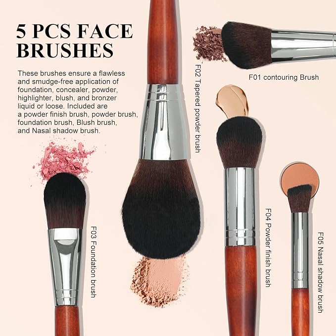 Intercilium Rains Makeup Brush Set 12pcs，Professional Premium Synthetic Powder Foundation Contour Blush Concealer Eyeshadow Blending Liner Make Up Brushes Kit（Redwood color B300）