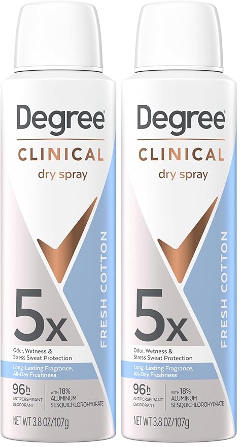 Degree dry spray for 96 Hour sweat and odor protection Fresh Cotton 5X protection 3.8oz (Pack of 2)