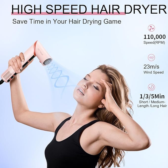 9 in 1 Hair Styler Curler & Air Dryer Brush, 110,000 RPM High-Speed Negative Ionic Foldable Hair Dryer Fast Drying, Multi Professional Hot air Styler for Curling Volumizing Straightening Styling(Pink)