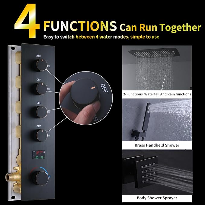 AYIVG Oil Rubbed Bronze Thermostatic Rainfall Full Body Shower System With 2 In 1 Waterfall Rainfall Ceiling Mount 16 X 24 Inch Rain Shower Head 6 Jets Temperature Display Shower Faucet Set