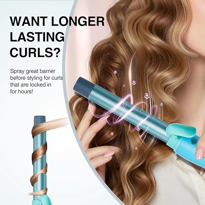 Extra-Long Barrel Rotating Curling Iron with Clamp, Automatic Curling Iron 1 Inch, 30s Fast Heating to 410°F & Home Button for Fast Styling & Lasting Results, Universal Voltage for Travel, Blue Green