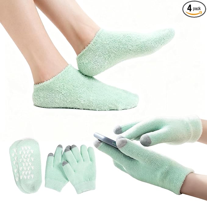 Touchscreen Moisturizing Gloves and Socks, Gel Spa Moisturizing Therapy Sock ＆ Glove, Overnight Gloves for Dry Hands, Repair and Soften Aging, Hand and Feet Care for Chapped and Dry Skin (Green)