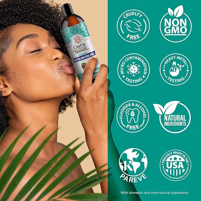 GuruNanda CocoMint Oil Pulling Mouthwash for Complete Oral Hygiene, 7 Essential Oils & Vitamins for Happy Teeth & Gums & Fresh Breath, with 2 Toothbrushes & 2 Tongue Scrapers, Alcohol-Free, 3X8 oz