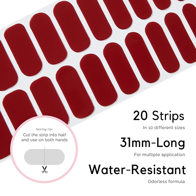 NAILOG Semi Cured Gel Nail Strips 20pcs Long Lasting Nail Polish Strips, Salon-Quality Gel Nail Sticker, Nail Art Wrap Kit with Glossy Gel Finishing│Rouge Noir