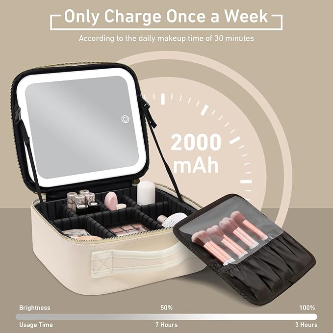 Jadazror Portable Travel Makeup Bag with Lighted Mirror, 3 Color Brightness, Beige